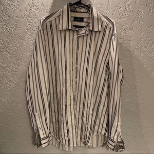 Men’s ‘Bugatchi’ White/Black Striped Button-Up w/ White Floral Embroidery